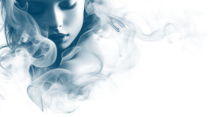 Artistic portrait of a beautiful woman with smoke on a white background.