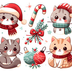 Set Vector Christmas Cat Illustrations. Collection of Kawaii Isolated Christmas Pet Art for Stickers. genrative AI