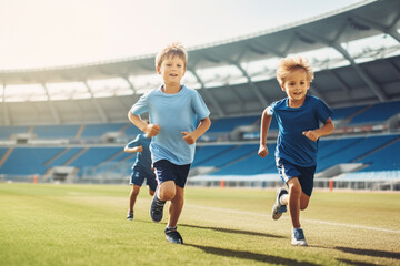Friends running on the green grass at the stadium. Little children run and train at the stadium on a sunny day. Generative AI  - obrazy, fototapety, plakaty