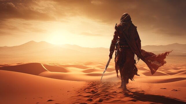 Eastern warrior in the desert. Generation AI