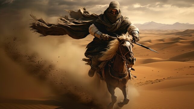 Eastern warrior in the desert. Generation AI