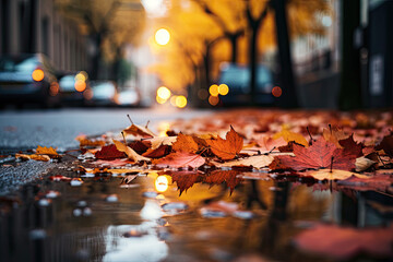 autumn leaves on street, rained leaves on the street in autumn, fall colored autumn leaves and street reflect the rain