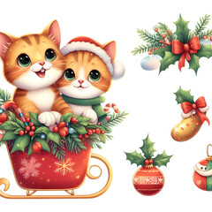 Vector Christmas two Cat Illustrations. Collection of Kawaii Isolated Christmas Pet Art for Stickers. genrative AI