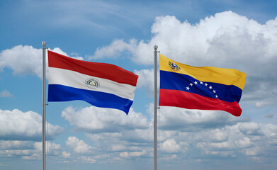 Venezuela and Paraguay flags, country relationship concept