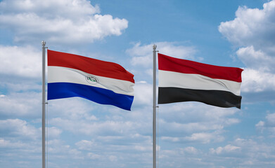 Yemen and Paraguay flags, country relationship concept