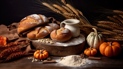 Rustic still life with baked bread, pumpkins and wheat ears