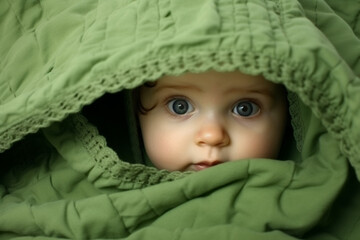 In a green hood, a 1 year old infant girl mesmerizes with her striking, lovely blue eyes, reflecting the studio's gentle illumination. Generative AI.