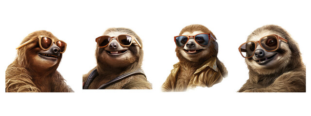 smiling sloth wearing sunglasses on transparent background