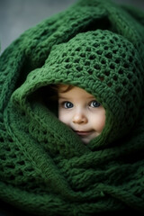 In a green hood, a 1 year old infant girl mesmerizes with her striking, lovely blue eyes, reflecting the studio's gentle illumination. Generative AI.