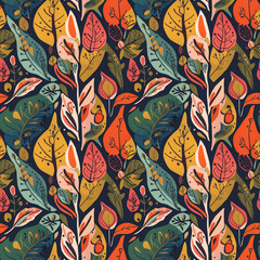 bright colorful leafy repeat pattern, nature theme seamless repeat pattern, generative ai