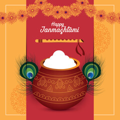 Happy Janmashtami festival banner template design with dahi handi and peacock feather.