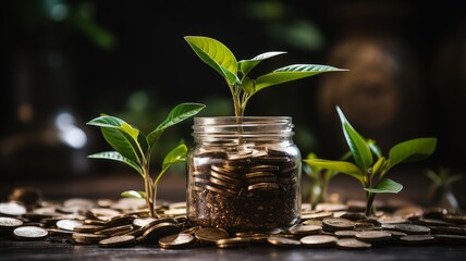 Fototapeta na wymiar Plant growing in jar with coins. Concept of profitable investments.