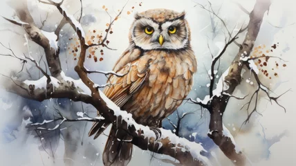Deurstickers A watercolor painting of an owl sitting on a snowy branch, closeup of a bird's life © senadesign
