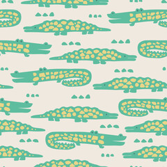 Hand drawing cute cartoon crocodile seamless pattern
