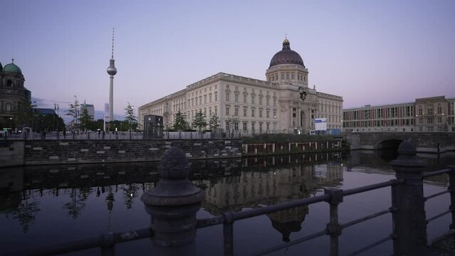 View of Berliner Fernsehturm, Spree River and Humboldt Forum at dusk, Museum Island, UNESCO World Heritage Site, Mitte, Berlin
