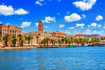 Coastal summer cityscape - view of the Riva promenade and the Old Town of Split, the Adriatic coast...