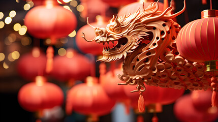 Statue of a dragon and Chinese lanterns. Celebration of the Chinese New Year, year of the Dragon. - obrazy, fototapety, plakaty
