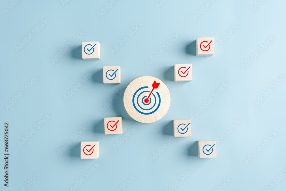 Poster checklist business target marketing quality management with quality assurance and improvement. stand