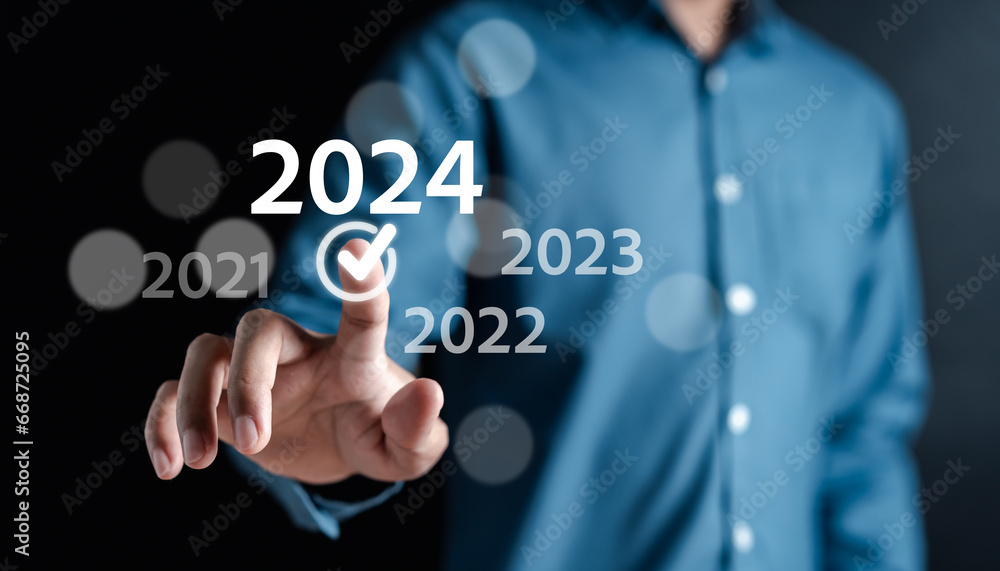 Aufkleber Starting New year 2024 tick mark or checkbox and countdown merry christmas and happy new year, Planning business and challenge strategy in new year 2024 Concept.