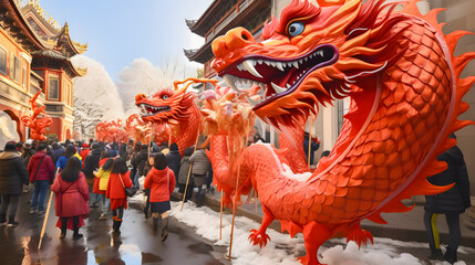 Celebration of the Chinese New Year holiday. Year of the dragon. People celebrating new year in china. Red dragon.