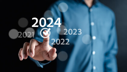 Starting New year 2024 tick mark or checkbox and countdown merry christmas and happy new year, Planning business and challenge strategy in new year 2024 Concept.