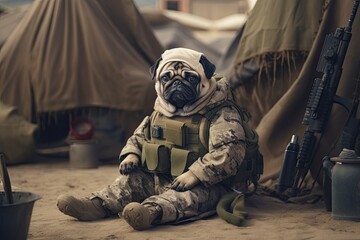 Healthy Dog pug breed purebred wearing military uniform. Generative AI