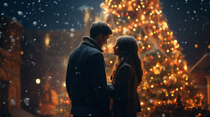 Obraz premium a happy couple standing in front of a christmas tree