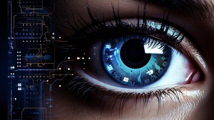 Female eye close-up, additional reality, neon. Generation AI
