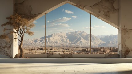 Modern cave-inspired room with panoramic window revealing vast desert landscape, blending nature and architecture.