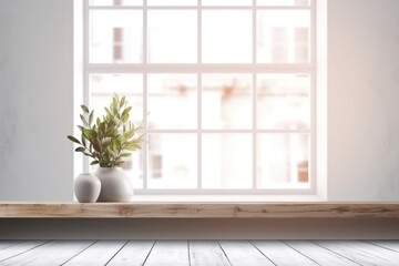 Empty wooden table and window room white interior. modern room with wooden table and home plants. Space for advertising goods, food, creativity, dining table, office, workplace, layout, eco