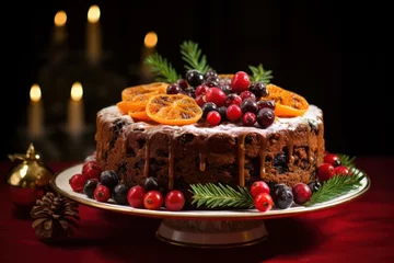 Fotobehang christmas fruit cake with berries and orange at xmas dinner table © Dina