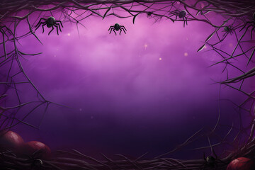 plain halloween night background in purple, dark color with big spiders and spider webs 