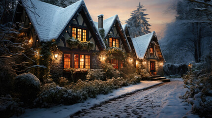 Pretty cozy houses in the evening in winter with a snow-covered street - obrazy, fototapety, plakaty