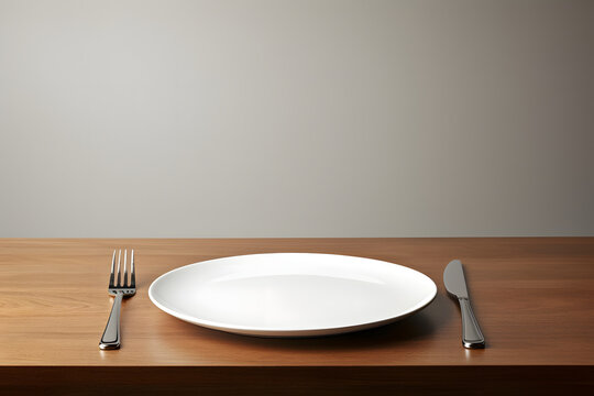 Minimalistisches Gedeck: Leerer Teller und Besteck auf neutralem Hintergrund