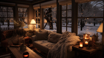 A cozy room from the windows you can see the snow in the winter season