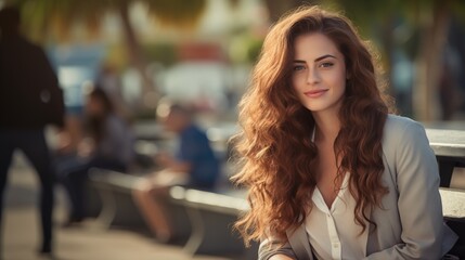Young woman wavy hair sitting on a bench in an outdoor plaza.