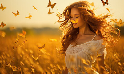 a woman waving butterflys from a meadow field