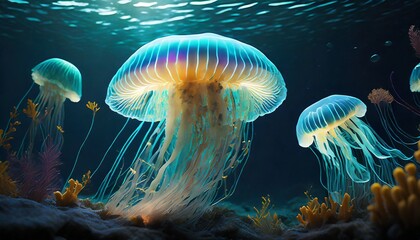 Fototapeta na wymiar Bioluminescent Wonders: Illuminating the Deep Sea Mysteries