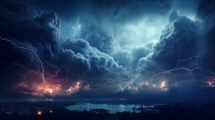 Night fantasy dramatic seascape, thunderstorm and lightning on the night sea. Generation AI - obrazy, fototapety, plakaty
