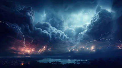 Tuinposter Night fantasy dramatic seascape, thunderstorm and lightning on the night sea. Generation AI © Terablete