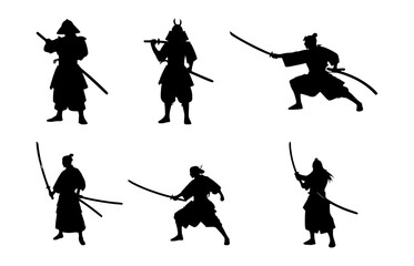 set of samurai silhouettes on isolated background