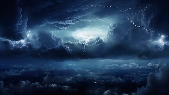 Night fantasy dramatic seascape, thunderstorm and lightning on the night sea. Generation AI
