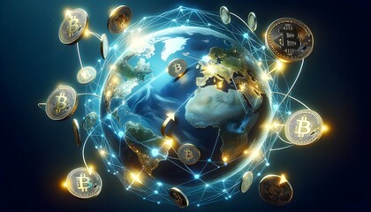Global Exchange Representation with Cryptocurrency Coins Floating Above