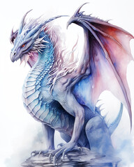 Fototapeta premium Watercolor blue dragon. Symbol of new 2024 year, isolated
