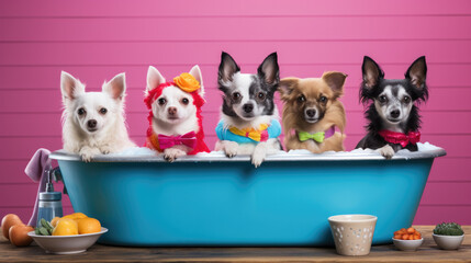 Five dogs sit in a blue bathtub