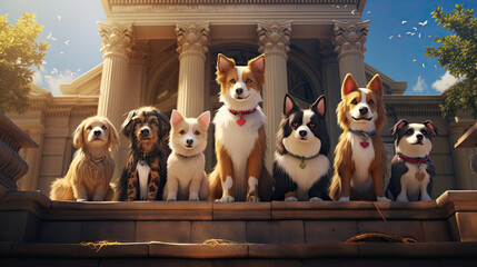 Seven dogs sit in front of a historic building