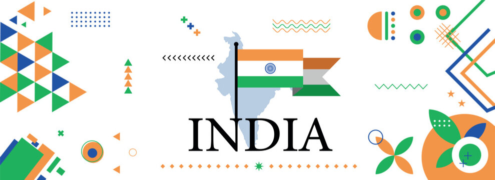 India national or independence day banner design for country celebration. Flag and map of India with modern retro and abstract geometric icons. Vector illustration.	
