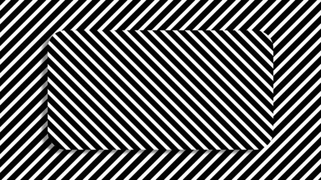 Moving stripes of lines pattern inside a rectangle shape over opposite moving stripes of lines. Abstract opposite moving lines strips animated motion graphics background of black and white color.