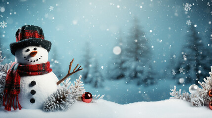 Christmas greeting. happy new year. snowman in the snow. christmas background.