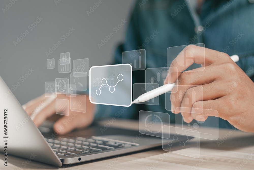 Aufkleber business analysis concept. businessman using computer laptop to financial data analysis and data man